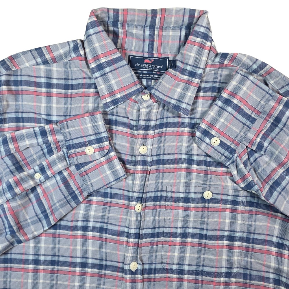 Vineyard Vines Slim Longshore Shirt Mens L Blue Pink Plaid Cotton Linen 1W010600